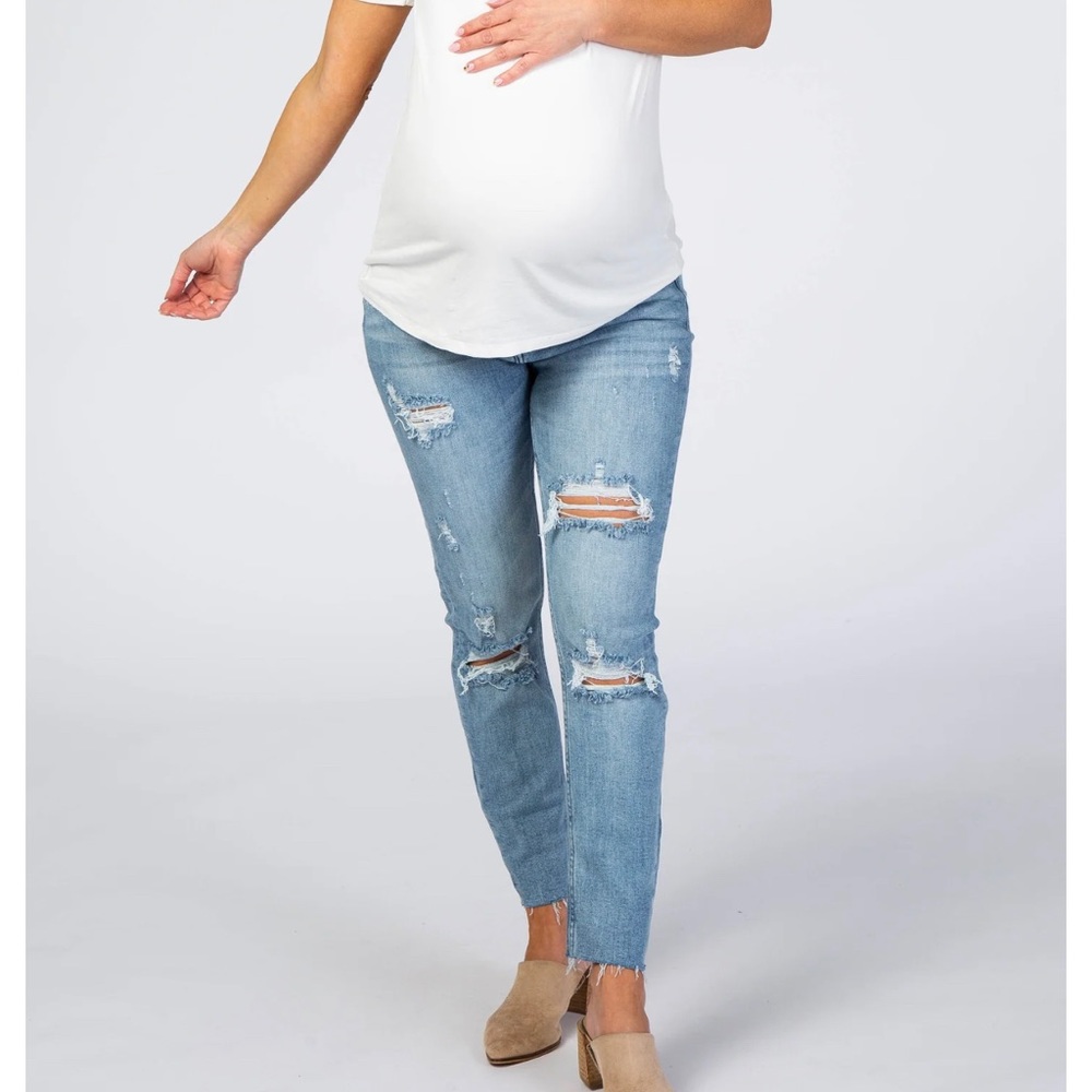 Medium Wash Distressed Cropped Maternity Jeans